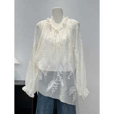 批发法式温柔系带圆领长袖<b class='q'>蕾丝衫</b>女春季<b class='q'>韩版</b>新款花边百搭绝美罩衫上衣