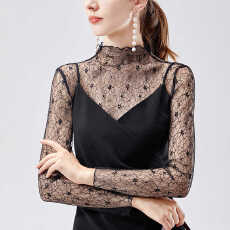 批发黑色半高领蕾丝打底衫女内搭<b class='q'>小衫</b>春秋季<b class='q'>韩版</b>新款洋气网纱上衣长袖