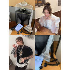 批发欧尼<b class='q'>韩国</b>东大门代购网纱打底衫女2026新款春秋钩花花瓣领长袖上衣