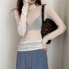 批发半高领<b class='q'>网纱</b>打底衫女春秋内搭洋气显瘦百搭纱衣长袖辣妹叠穿<b class='q'>上衣</b>潮