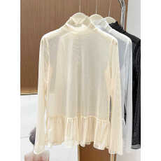 批发韩系荷叶边薄款高领长袖<b class='q'>网纱</b>打底衫女春秋2026纯欲风性感透视<b class='q'>上衣</b>