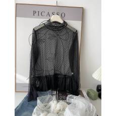 批发透视荷叶边波点拼接蕾丝衫女春夏新款超薄<b class='q'>网纱</b>宽松雪纺高领打底衫