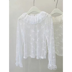 批发白色蕾丝打底衫女法式双层荷叶边翻领蝴蝶结波点<b class='q'>网纱</b>内搭衬衫<b class='q'>上衣</b>