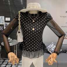 批发韩版气质温柔风圆领波点<b class='q'>网纱</b>拼接荷叶边设计感显瘦百搭洋气T恤女