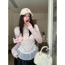 批发2026年春款韩系甜美<b class='q'>网纱</b>拼接波点假两件长袖T恤女荷叶边显瘦洋气
