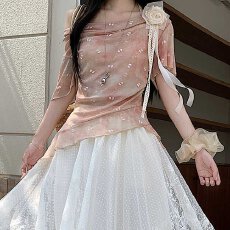 批发蕾丝<b class='q'>花朵</b>假两件短袖<b class='q'>T</b><b class='q'>恤</b>女2026夏季新款不规则木耳边甜美小衫上衣