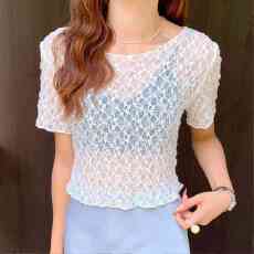 批发2026夏季新款韩版<b class='q'>蕾丝</b>钩花镂空内搭百搭显瘦短款<b class='q'>打底衫</b>短袖上衣女