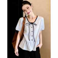 批发韩系撞色<b class='q'>蝴蝶结</b>系带短袖<b class='q'>衬衫</b>女夏季2026新款宽松减龄气质显瘦上衣