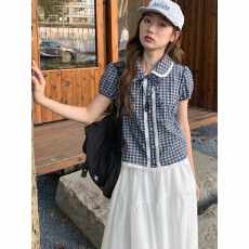 批发短袖衬衫外套女春夏季新款格子休闲百搭显瘦拼接<b class='q'>蕾丝</b>花边短款上衣