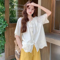 批发甜美系带领<b class='q'>刺绣</b>镂空短袖<b class='q'>衬衫</b>上衣女2026夏季宽松韩版显瘦小衫百搭