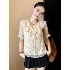 批发法式荷叶边V领波点短袖衬衫女2026新款<b class='q'>夏季</b>新款雪纺小衫上衣百搭
