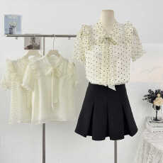 批发法式重工钉珠蝴蝶结系带短袖波点衬衫女夏2026高级感气质减龄上衣