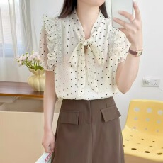 批发法式荷叶边蝴蝶结系带衬衫女装<b class='q'>夏季</b>新款爱心波点美学宽松显瘦上衣