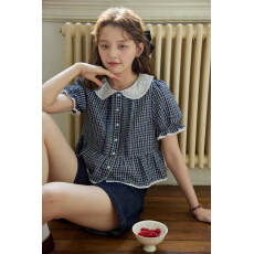 批发韩系清新甜美娃娃领<b class='q'>蕾丝</b>刺绣花边格纹短袖衬衫夏季减龄小衫上衣潮