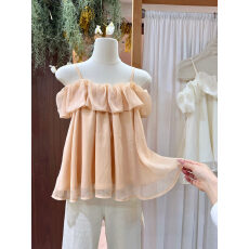 批发法式甜美风<b class='q'>一字领</b>荷叶边雪纺<b class='q'>上衣</b>女无袖显瘦百搭吊带设计感小衫夏