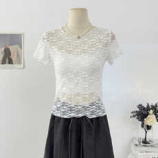 批发纯欲风镂空勾花圆领短袖蕾丝衫女春夏26修身显瘦叠穿短款透视上衣