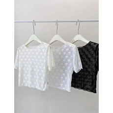 批发木耳边韩系蝴蝶结圆领短袖蕾丝<b class='q'>打底衫</b>T恤女夏季纱衣叠穿内搭网纱