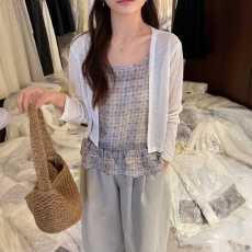 批发少女风格子木耳边吊带开衫两件套女长袖上衣显瘦小清新衬衫<b class='q'>韩版</b>
