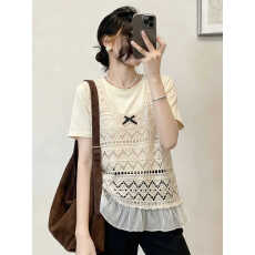 批发新品夏季韩版设计独特蕾丝马甲背心叠穿短袖正肩T恤上衣女两件套