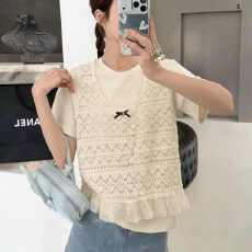 批发2026夏季新款韩版时尚拼接蕾丝花边背心两件套钩花上衣女T恤叠穿