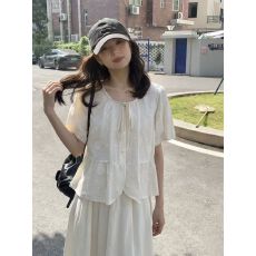 批发法式镂空刺绣系带圆领衬衫女夏2026新款娃娃小衫高端轻奢短袖上衣