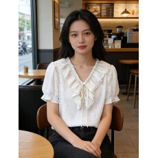 批发2026夏季新款法式轻奢刺绣<b class='q'>雪纺衫</b>荷叶边V领系带上衣韩版短袖薄款