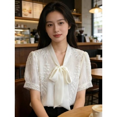 批发韩系蕾丝雪纺衬衫女2026夏季<b class='q'>新款</b>法式设计蝴蝶结飘带短袖衬衣上衣