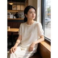 批发法式钉珠短袖蕾丝雪纺衬衫女2026夏季<b class='q'>新款</b>高级感提花宽松衬衣上衣