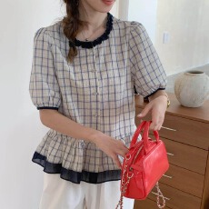 批发韩版撞色荷叶边<b class='q'>格子</b>泡泡袖<b class='q'>衬衫</b>2026夏季新款女宽松减龄百搭娃娃衫