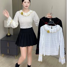 批发秋季新款法式蕾丝镂空打底衫韩版撞色花边翻领减龄百搭上衣配胸花