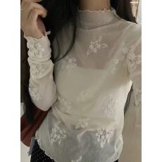 批发温柔立体蕾丝提花半透打底衫<b class='q'>女</b>温柔风刺绣氛围感通勤立领显瘦叠穿