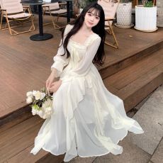 批发法式初恋微醺设计感长袖<b class='q'>连衣裙</b>2025秋冬新款<b class='q'>雪纺</b>超仙气质茶歇裙子