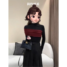 批发显瘦大码洋气不规则打底衫女秋季半高领套头撞色拼接胖MM内搭上衣