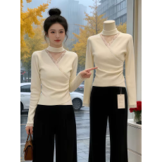 批发2026早春季新款挂脖领长袖蕾丝拼接交叉领口打底衫修身显瘦女上衣