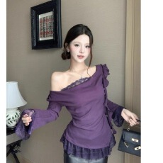 批发大码胖mm纯欲露肩蕾丝边飘带长袖T恤女秋季性感修身显瘦紫色上衣
