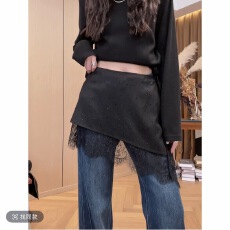 批发显瘦不规则蕾丝拼接烫钻屁帘女早春新款胖mm显瘦假两件a字短裙子