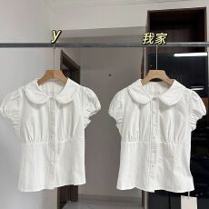 批发韩系纯棉白色娃娃领衬衫女夏季蕾丝花边短袖衬衣收腰修身短款上衣