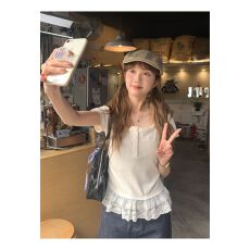 批发大码显瘦蕾丝拼接短袖T恤女夏季假两件设计感修身显瘦短款上衣服