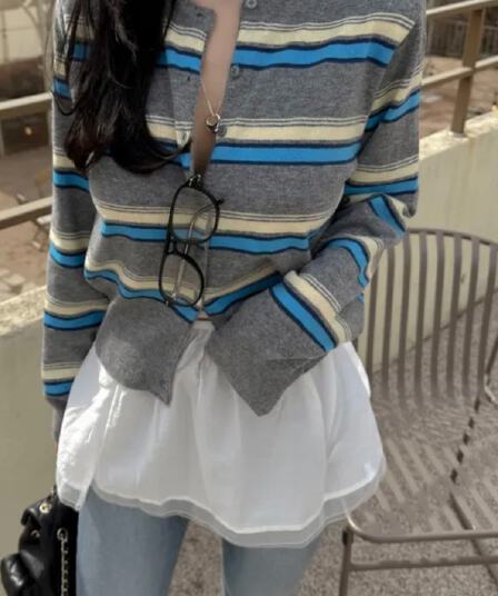 한국 구매 보 주님 같은 단락 스트라이프 니트 오픈 가디건 여성 몸매 가꾸기 슬림해 보이는 쇼트 스타일 재킷 맨위