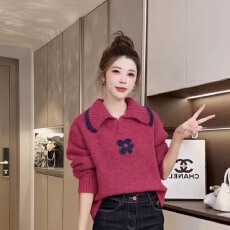 批发2025年秋冬新款翻领撞色花朵短款针织毛衣小个子女