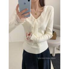 批发巨好看<b class='q'>荷叶边</b>蕾丝针织衫女早秋季纯欲风性感v领上衣独特绝美小衫