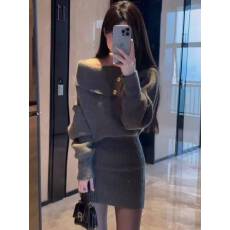 批发圣诞红色一字肩针织长袖连衣裙女秋冬气质收腰显瘦辣妹包臀<b class='q'>短裙</b>子