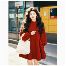 批发圣诞红新年红<b class='q'>泡泡袖</b>红色针织<b class='q'>连衣裙</b>秋冬季收腰A字蓬蓬娃娃裙