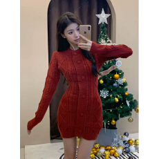 批发杏色针织衫毛衣开衫外搭连衣裙配大衣包臀短裙宽松秋冬外套女<b class='q'>裙子</b>