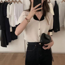 批发法式娃娃领正肩短袖T恤女夏季小香风冰丝短款多巴胺<b class='q'>针织</b><b class='q'>开衫</b>上衣