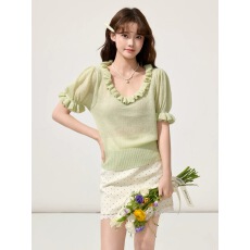 批发韩系氛围木耳边V领针织衫女春夏<b class='q'>薄</b>款微透设计感小众收腰辣妹上衣