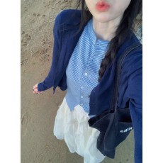 批发学院风蓝色条纹假两件毛衣长袖开衫女早春季新款韩系穿搭上衣外套