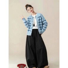 批发法式学院风条纹针织开衫女2026春季撞色毛衣外套慵懒软糯气质上衣