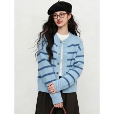 批发法式学院风条纹针织开衫女2026春季撞色毛衣外套慵懒软糯气质上衣