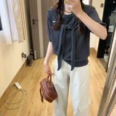 批发早春韩版圆领短袖针织衫披肩两件套设计感减龄上衣女